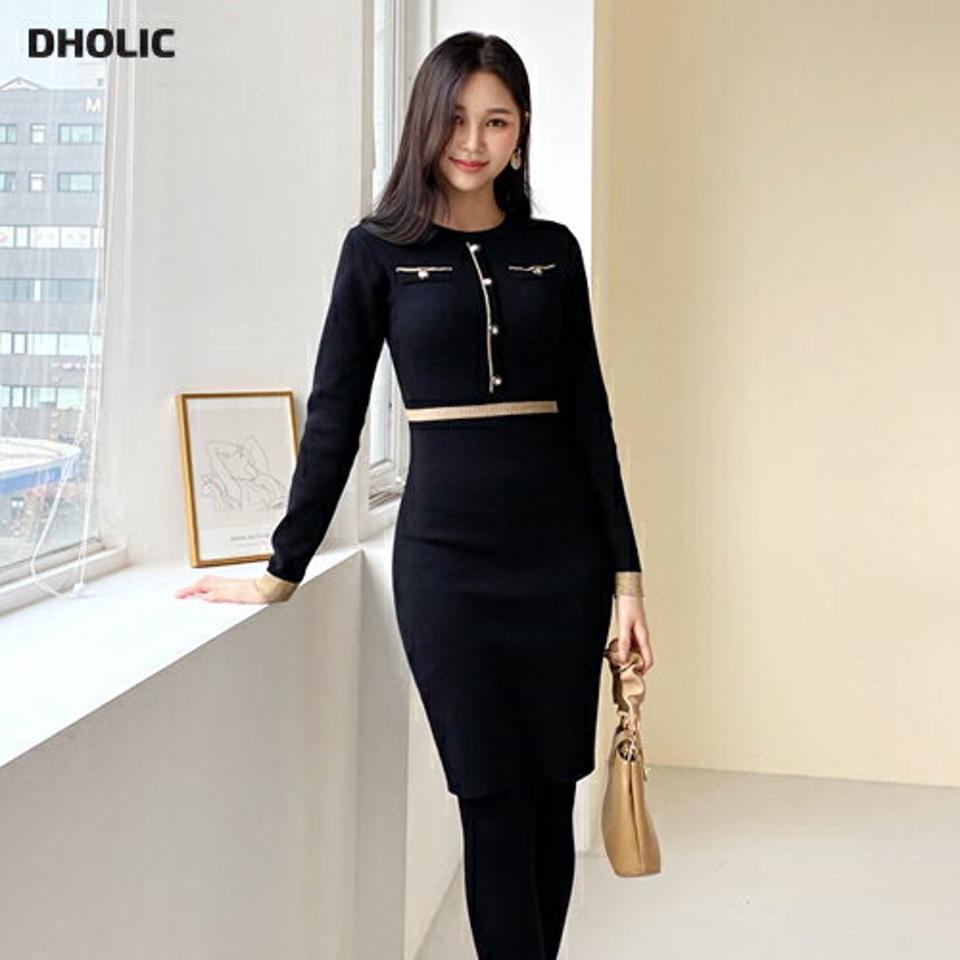 ボタン配色ニットワンピース・全2色・b61317 レディース 【ops】【韓国 ファッション ワンピース ロング Hライン ラウンドネック 長袖 ニット 上品 大人 柔らかい 細身 ミディ丈 グリッター 配色 フェイクボタン ボタン付き カジュアル 秋 冬】