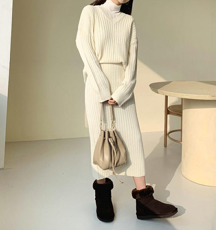 リブVネックニット&スカートSET・全4色・t61316 レディース 【ops】【韓国 ファッション セットアップ ニット Vネック 長袖 ロング スカート スリット Hライン スリム ドロップショルダー リブ ウエストゴム バックスリット デイリー カジュアル 秋 冬】