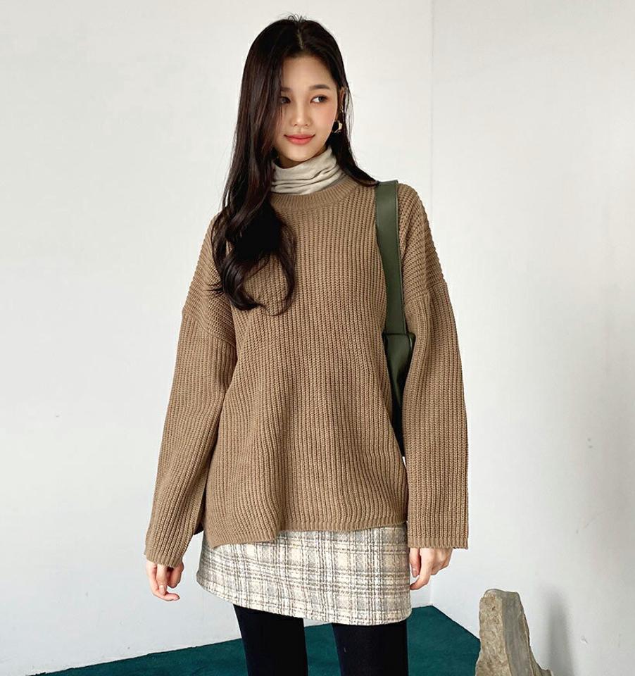 ルーズスリットヘムニット・全6色・t61311 レディース 【tops】【韓国 ファッション トップス ニット ラウンドネック ルーズ ゆったり 長袖 ざっくりニット ざっくり編み オーバーサイズ 体型カバー 暖かい ルーズフィット スリット カジュアル 秋 冬】