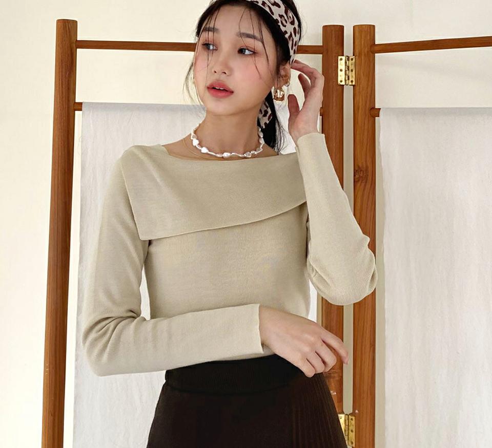 アンバランスカラーニット・全3色・b61312 レディース 【tops】【韓国 ファッション トップス ニット 長袖 アンバランス カラー ボートネック スリム 無地 細身 ハイゲージ 大人 上品 デコルテ スクエアネック カジュアル 秋 冬】