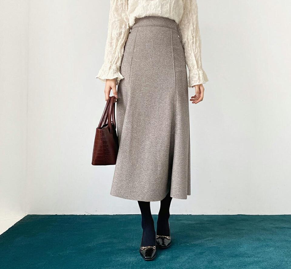 ヘリンボーンスリットスカート・全2色・t61328 レディース 【sk】【韓国 ファッション ボトムス スカート ロング フレア Aライン 無地 上品 エレガント 高見え 大人 カジュアル 秋 冬】