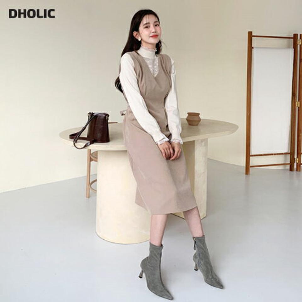 タックスリーブレスワンピース・全3色・t61319 レディース 【ops】【韓国 ファッション ワンピース ロング Vネック スリーブレス ノースリーブ スリム 体型カバー リボン タック レイヤード 細身 フェミニン カジュアル 秋 冬】