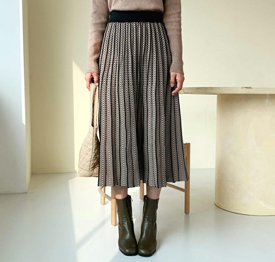 ヘリンボーンニットスカート・全2色・b61341 レディース 【sk】【韓国 ファッション ボトムス スカート ロング フレア Aライン パターン 柄 上品 エレガント 高見え 大人 カジュアル 秋 冬】
