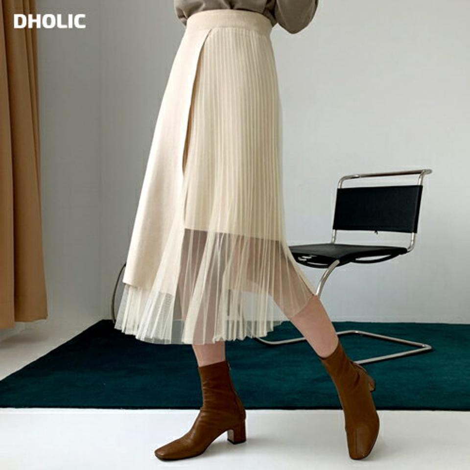 【只今セール】プリーツチュールスカート・全3色・e61325 レディース 【sk】【韓国 ファッション ボトムス スカート ロング アンバランス アシメ 異素材ミックス チュール フレア Aライン ユニーク カジュアル 秋 冬】【TI】