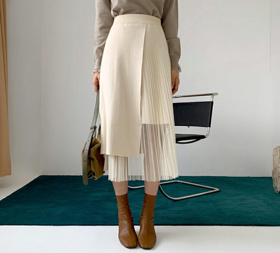 【只今セール】プリーツチュールスカート・全3色・e61325 レディース 【sk】【韓国 ファッション ボトムス スカート ロング アンバランス アシメ 異素材ミックス チュール フレア Aライン ユニーク カジュアル 秋 冬】【TI】