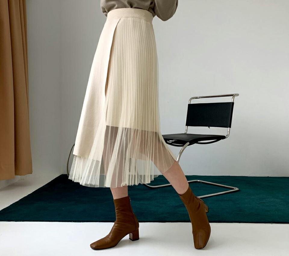 【只今セール】プリーツチュールスカート・全3色・e61325 レディース 【sk】【韓国 ファッション ボトムス スカート ロング アンバランス アシメ 異素材ミックス チュール フレア Aライン ユニーク カジュアル 秋 冬】【TI】