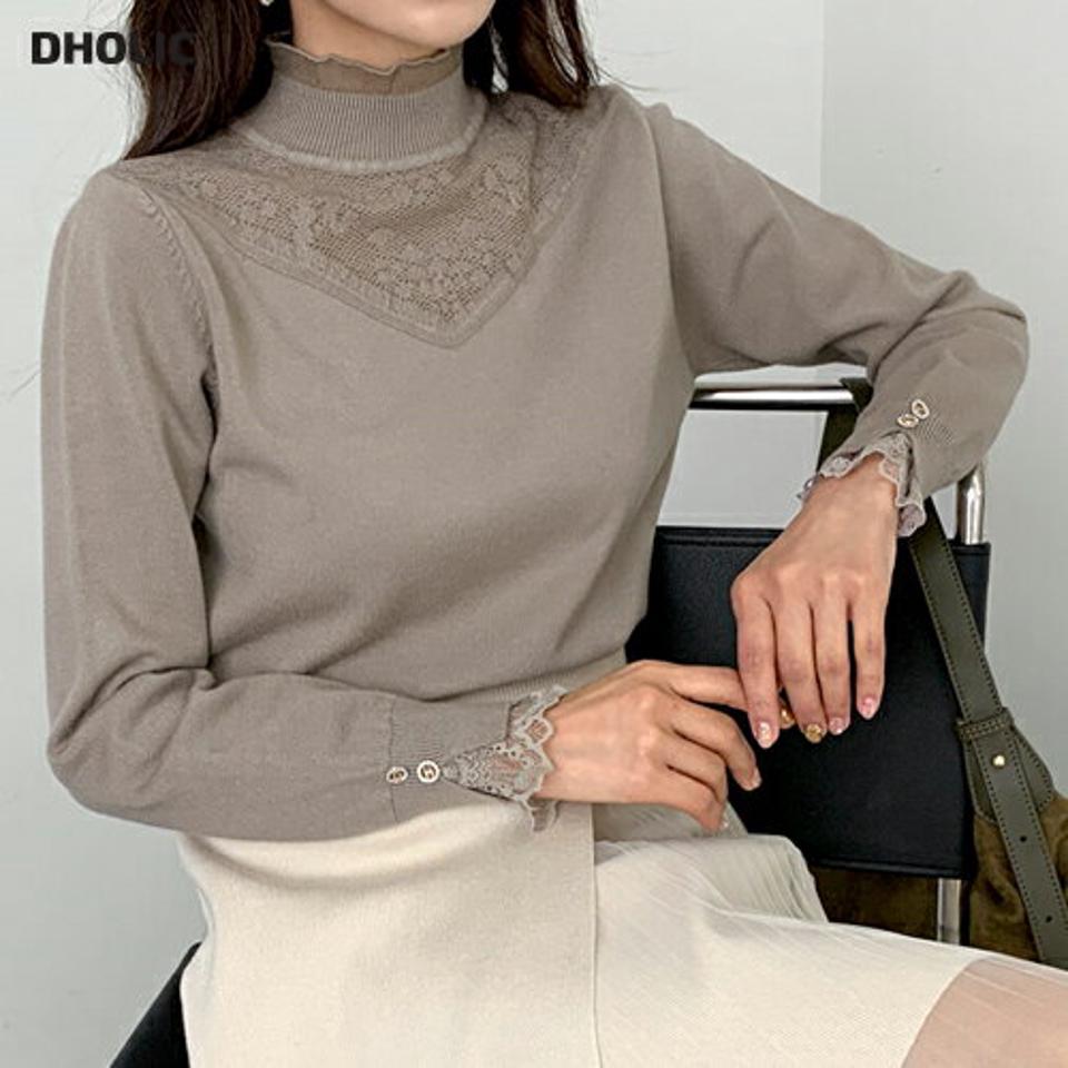 レースポイントハーフネックニット・全3色・b61342 レディース 【tops】【韓国 ファッション トップス ニット 長袖 モックネック ハーフネック フリル レース ボタン 無地 ベーシック 大人 レースネック レイヤード調 レイヤード風 カジュアル 秋 冬】