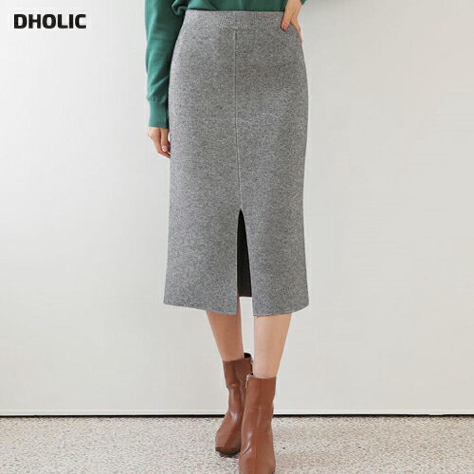 スリムニットスカート・全4色・b65962 レディース 【sk】【スカート ミディ丈 ミディスカート スリム ニット ニットスカート 単色 無地 シンプル ウール 大人 ウエストゴム Hライン スリット 秋 冬 韓国 ファッション】【ハイホリHIHOLLI】