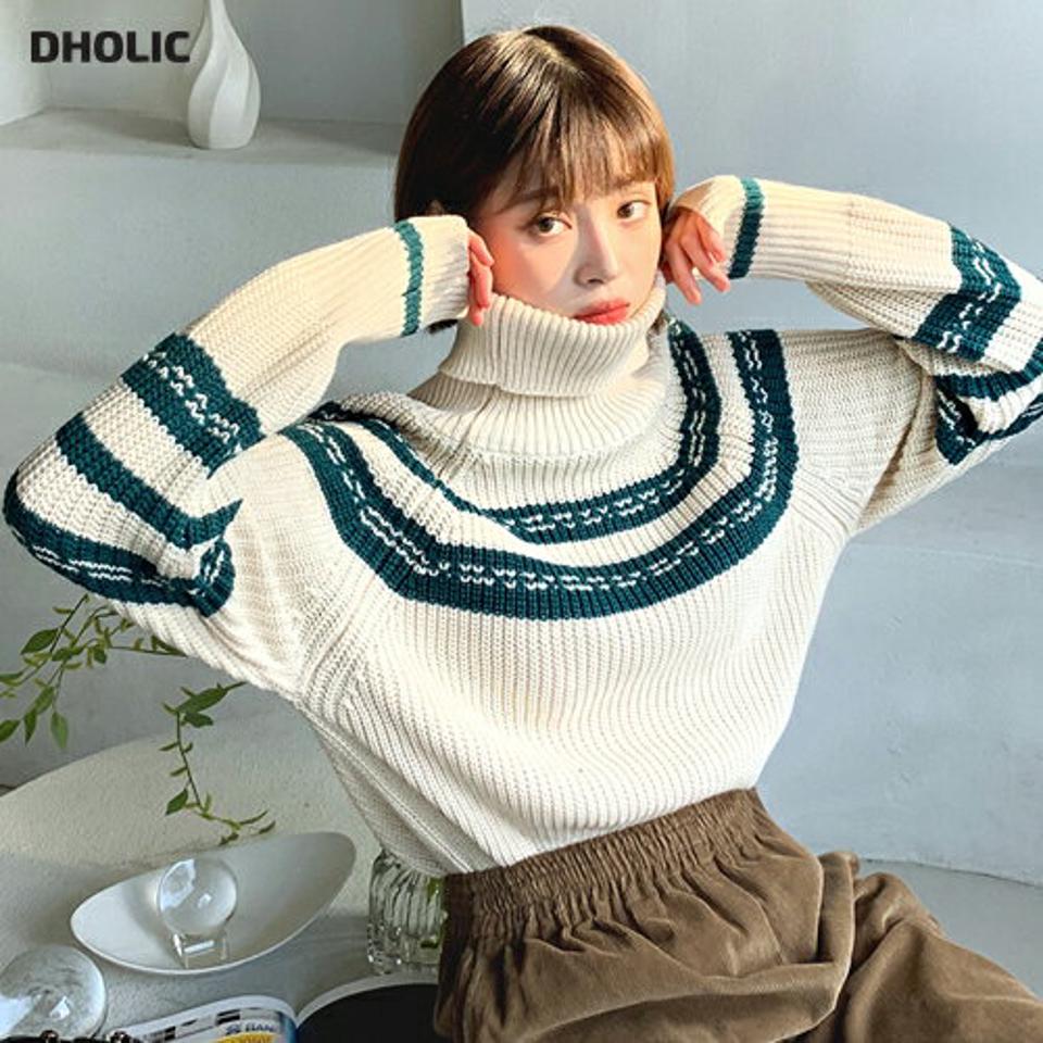 配色ラインタートルニット・全2色・b62232 レディース 【tops】【韓国 ファッション トップス ニット ハイネック 長袖 ロングスリーブ ラグランスリーブ ルーズ ゆったり 体型カバー パターン 柄 カジュアル 秋 冬】