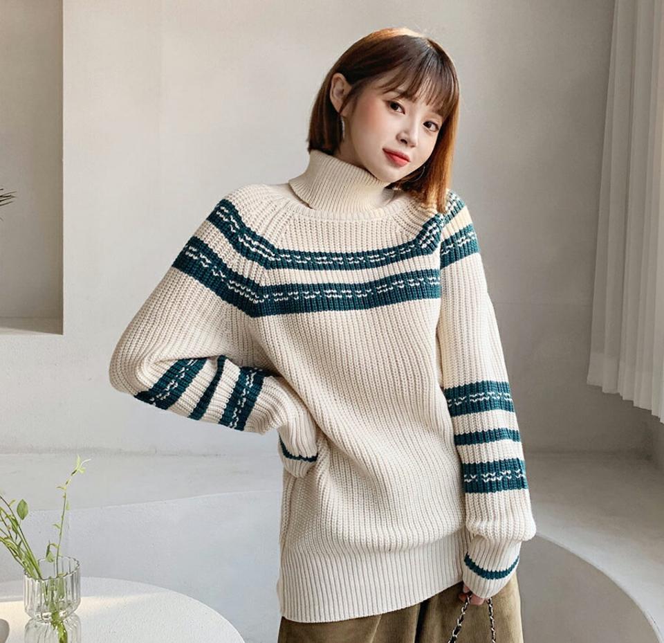 配色ラインタートルニット・全2色・b62232 レディース 【tops】【韓国 ファッション トップス ニット ハイネック 長袖 ロングスリーブ ラグランスリーブ ルーズ ゆったり 体型カバー パターン 柄 カジュアル 秋 冬】