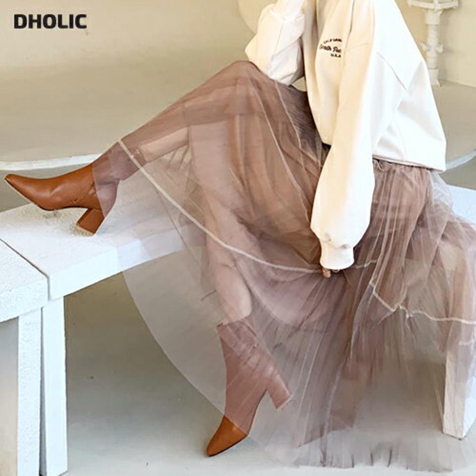 チュールプリーツスカート・全3色・b62243 レディース 【sk】【韓国 ファッション ボトムス スカート ロング フレア プリーツ Aライン チュール 広がる シアー シースルー 透け感 ボリューミー ウエストゴム 無地 フェミニン カジュアル 秋 冬】