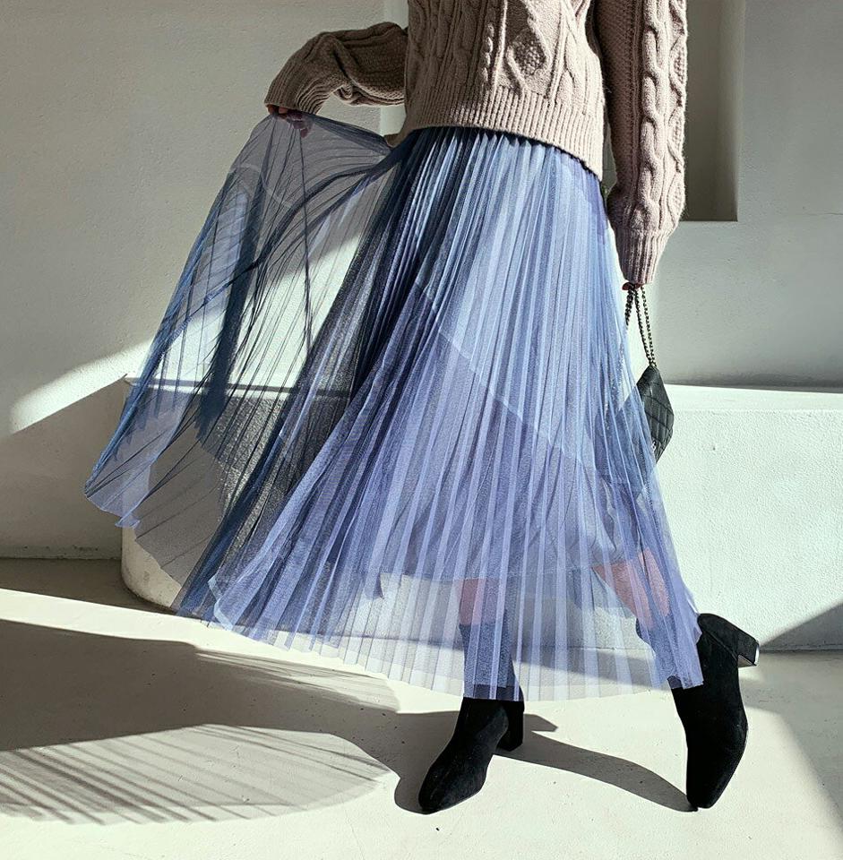 チュールプリーツスカート・全3色・b62243 レディース 【sk】【韓国 ファッション ボトムス スカート ロング フレア プリーツ Aライン チュール 広がる シアー シースルー 透け感 ボリューミー ウエストゴム 無地 フェミニン カジュアル 秋 冬】