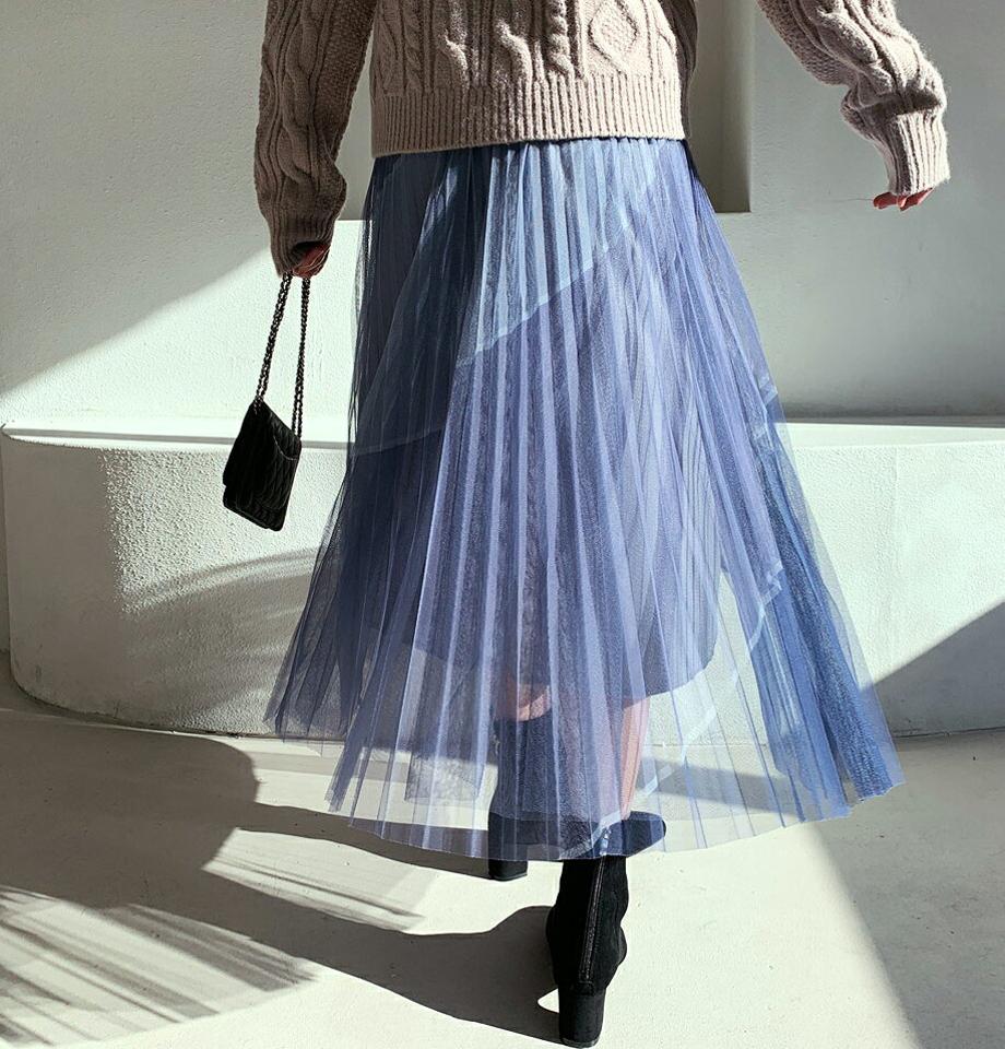 チュールプリーツスカート・全3色・b62243 レディース 【sk】【韓国 ファッション ボトムス スカート ロング フレア プリーツ Aライン チュール 広がる シアー シースルー 透け感 ボリューミー ウエストゴム 無地 フェミニン カジュアル 秋 冬】