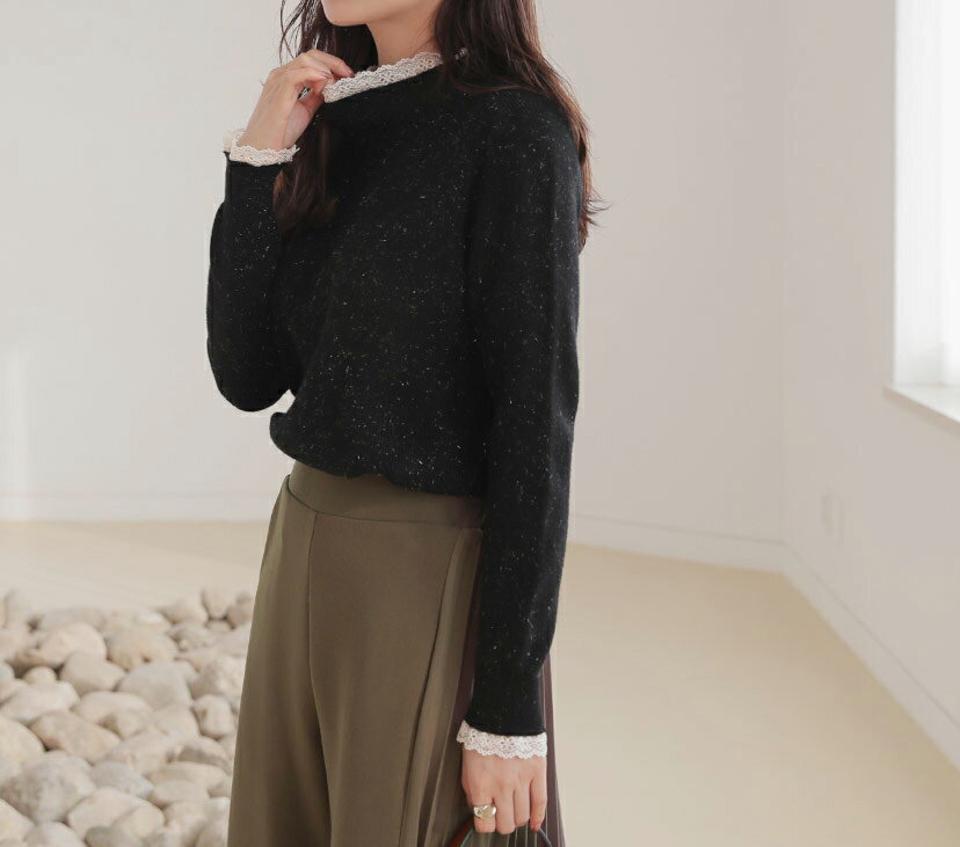 【只今10%OFF】レースネックグリッターニット・全3色・b65870 レディース 【tops】【トップス ニット ニットトップス 長袖 レース グリッター ラメ 襟コンシャス ガーリー 可愛い かわいい 大人 フェミニン 秋 冬 韓国 ファッション】【ハイホリHIHOLLI】