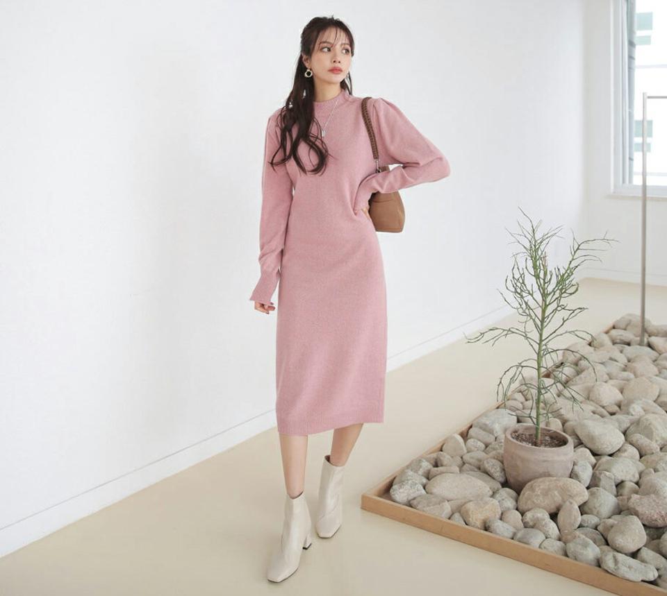 パフニットワンピース・全4色・b65953 レディース 【ops】【ワンピース ミディ丈 ミディワンピース パフ袖 パフスリーブ ニット ニットワンピース 単色 無地 シンプル かわいい ボリューム袖 ウール 秋 冬 韓国 ファッション】【ハイホリHIHOLLI】