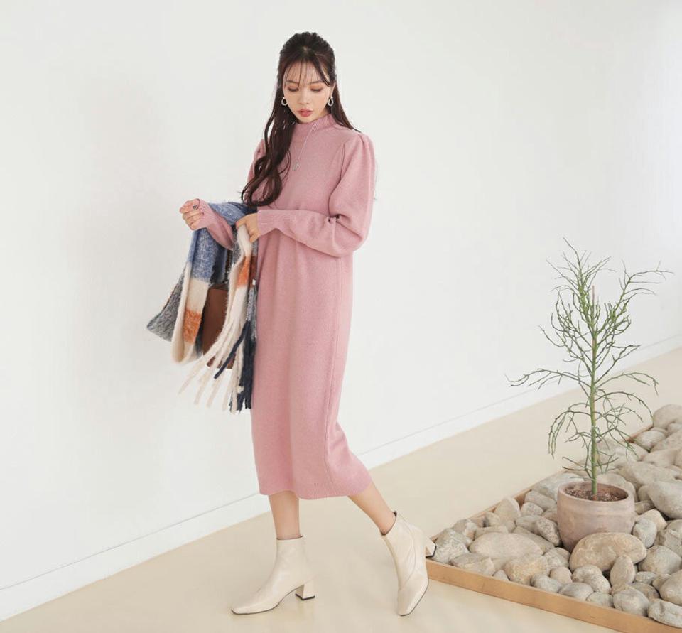 パフニットワンピース・全4色・b65953 レディース 【ops】【ワンピース ミディ丈 ミディワンピース パフ袖 パフスリーブ ニット ニットワンピース 単色 無地 シンプル かわいい ボリューム袖 ウール 秋 冬 韓国 ファッション】【ハイホリHIHOLLI】