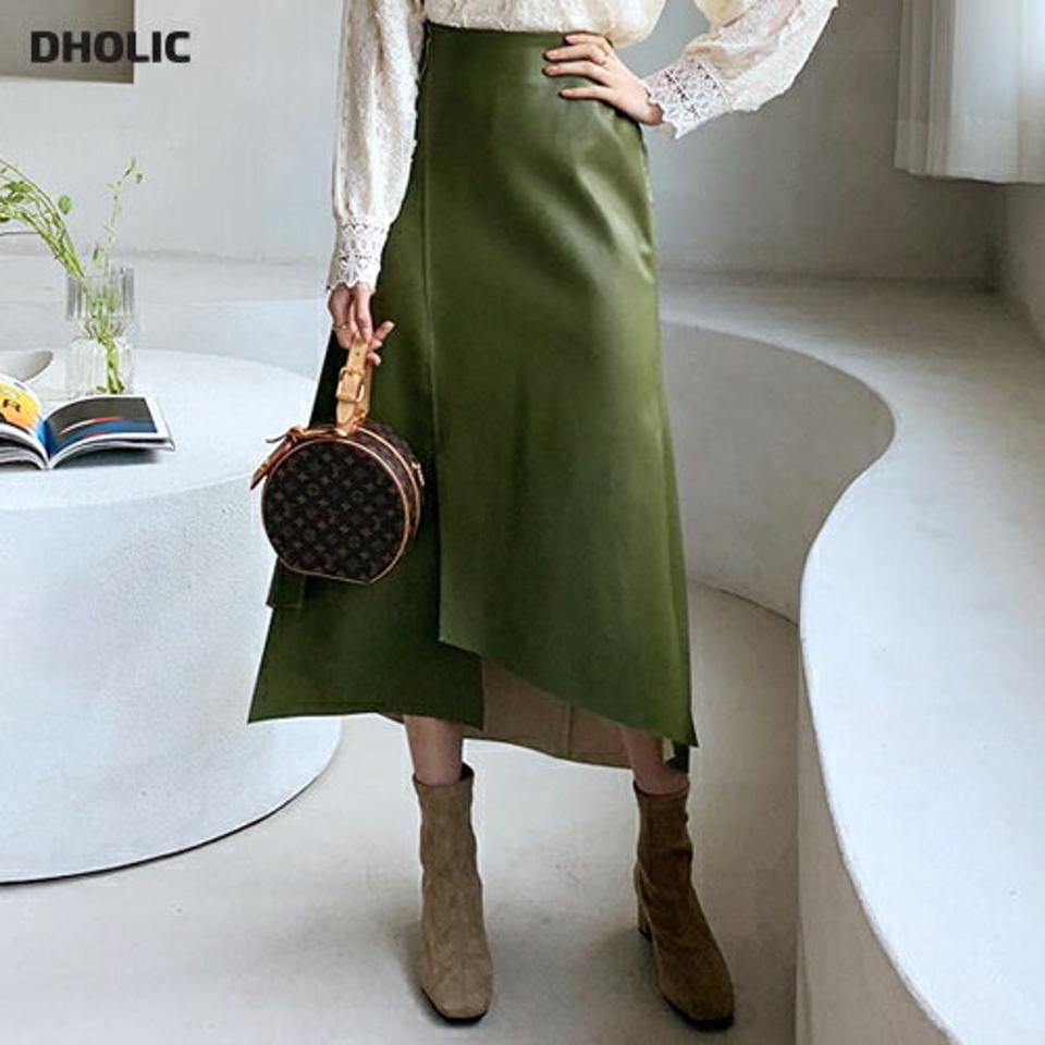 レザー調カットスカート・全4色・b62241 レディース 【sk】【韓国 ファッション ボトムス スカート ロング アンバランス バックゴム Aライン フレア レザー調 上品 大人 無地 エレガント カジュアル 秋 冬】