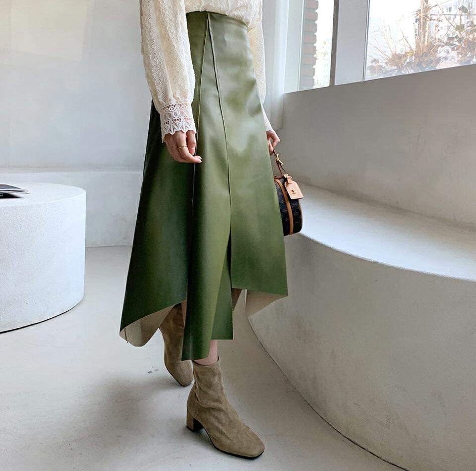 レザー調カットスカート・全4色・b62241 レディース 【sk】【韓国 ファッション ボトムス スカート ロング アンバランス バックゴム Aライン フレア レザー調 上品 大人 無地 エレガント カジュアル 秋 冬】