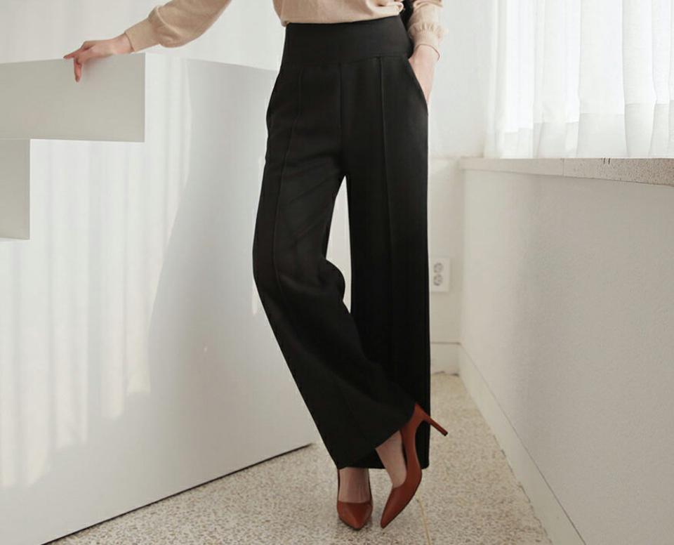 センタープレスワイドパンツ・全3色・b65964 レディース 【pt】【パンツ ズボン ロングパンツ ワイド ワイドパンツ 単色 無地 シンプル 大人 センタープレス ウエストゴム 秋 冬 韓国 ファッション】【ハイホリHIHOLLI】