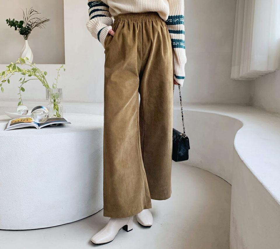 コーデュロイパンツ・全4色・b62246 レディース 【pt】【韓国 ファッション ボトムス パンツ ロング ストレート ワイド コーデュロイ ウエストゴム ポケット付き ルーズ 無地 ルーズ ベーシック 体型カバー カジュアル 秋 冬】