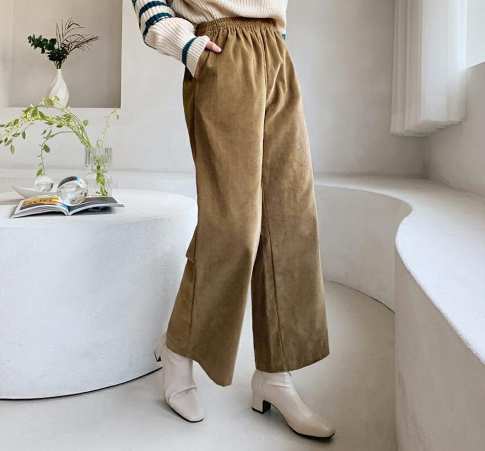 コーデュロイパンツ・全4色・b62246 レディース 【pt】【韓国 ファッション ボトムス パンツ ロング ストレート ワイド コーデュロイ ウエストゴム ポケット付き ルーズ 無地 ルーズ ベーシック 体型カバー カジュアル 秋 冬】