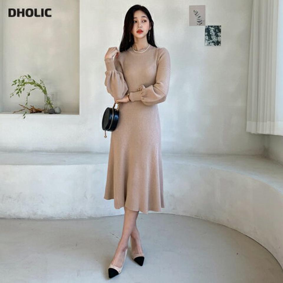 リボンリブニットワンピース・全2色・b62228 レディース 【ops】【韓国 ファッション ワンピース ラウンドネック 長袖 フレア Aライン プリーツ ニット パフスリーブ ぼわん袖 ボリューム袖 スリム 細身 カジュアル 秋 冬】