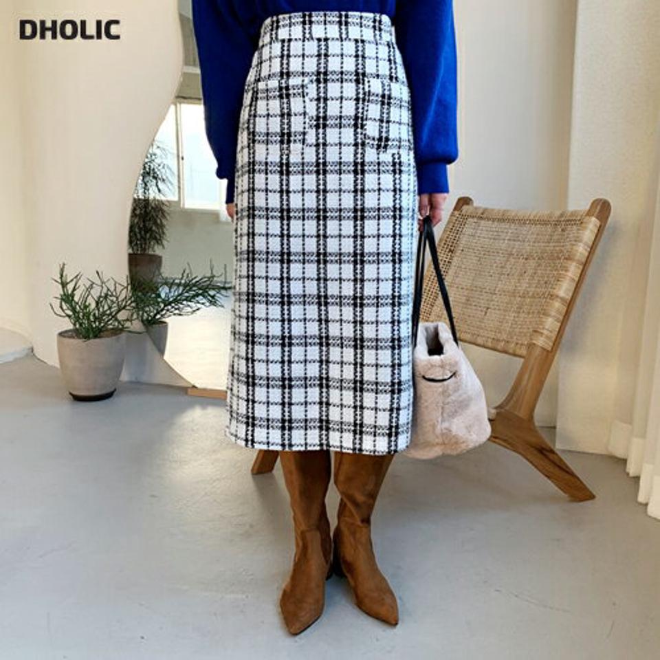 ツイードチェックポケットスカート・全2色・b62242 レディース 【sk】【韓国 ファッション ボトムス スカート ロング マキシ Hライン スリム 細身 ポケット 大人 チェック バックゴム サイドファスナー カジュアル 秋 冬】