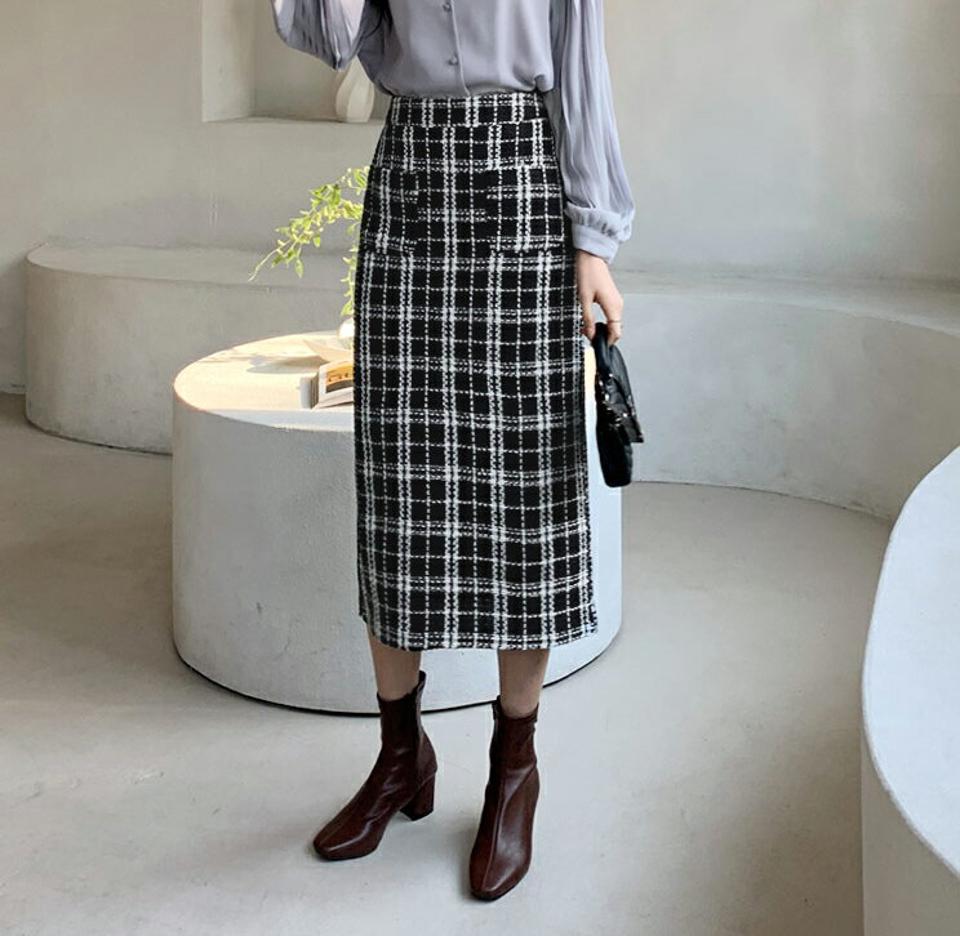 ツイードチェックポケットスカート・全2色・b62242 レディース 【sk】【韓国 ファッション ボトムス スカート ロング マキシ Hライン スリム 細身 ポケット 大人 チェック バックゴム サイドファスナー カジュアル 秋 冬】