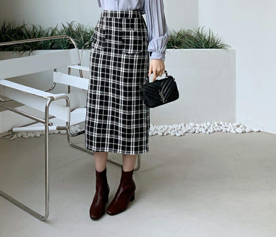 ツイードチェックポケットスカート・全2色・b62242 レディース 【sk】【韓国 ファッション ボトムス スカート ロング マキシ Hライン スリム 細身 ポケット 大人 チェック バックゴム サイドファスナー カジュアル 秋 冬】