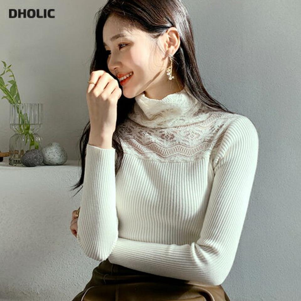 レースタートルニット・全2色・b62213 レディース 【tops】【韓国 ファッション トップス ニット タートルネック ハイネック レースネック 長袖 リブニット スリム 細身 タイト きれいめ 上品 フェミニン 大人 カジュアル 秋 冬】