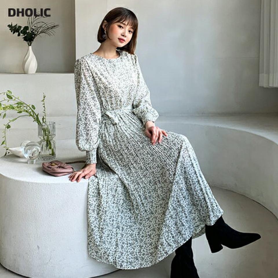 ストラップ付花柄ワンピース・全2色・b62229 レディース 【ops】【韓国 ファッション ワンピース ラウンドネック 長袖 フレア Aライン プリーツ 小花柄 パターン 柄 パフスリーブ ぼわん袖 ボリューム袖 揺れる シアー カジュアル 秋 冬】