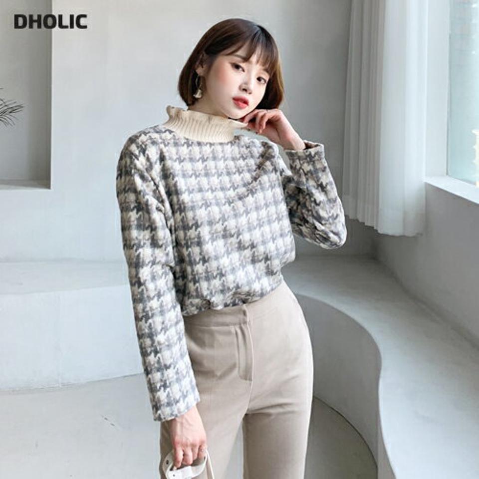 ハウンドトゥースTシャツ・全3色・t62222 レディース 【tops】韓国ファッション トップス Tシャツ カットソー ハーフネック モックネック 長袖 コントラスト パターン 柄 チェック ユニーク カジュアル 秋 冬