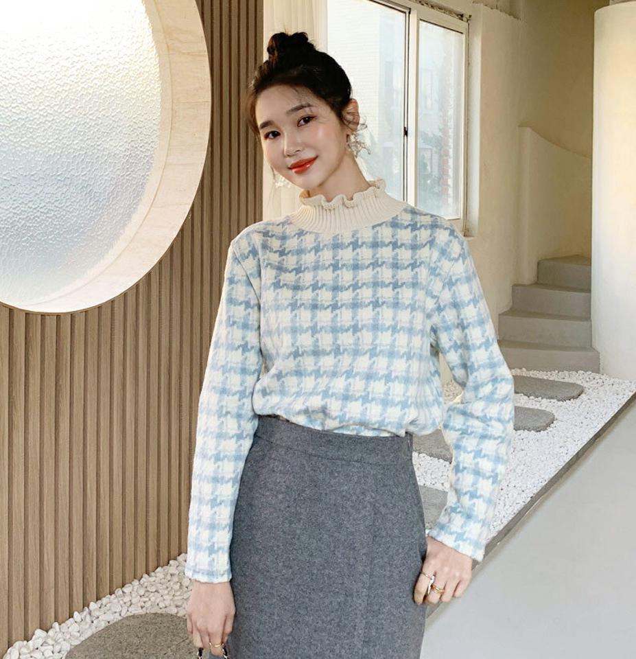ハウンドトゥースTシャツ・全3色・t62222 レディース 【tops】韓国ファッション トップス Tシャツ カットソー ハーフネック モックネック 長袖 コントラスト パターン 柄 チェック ユニーク カジュアル 秋 冬