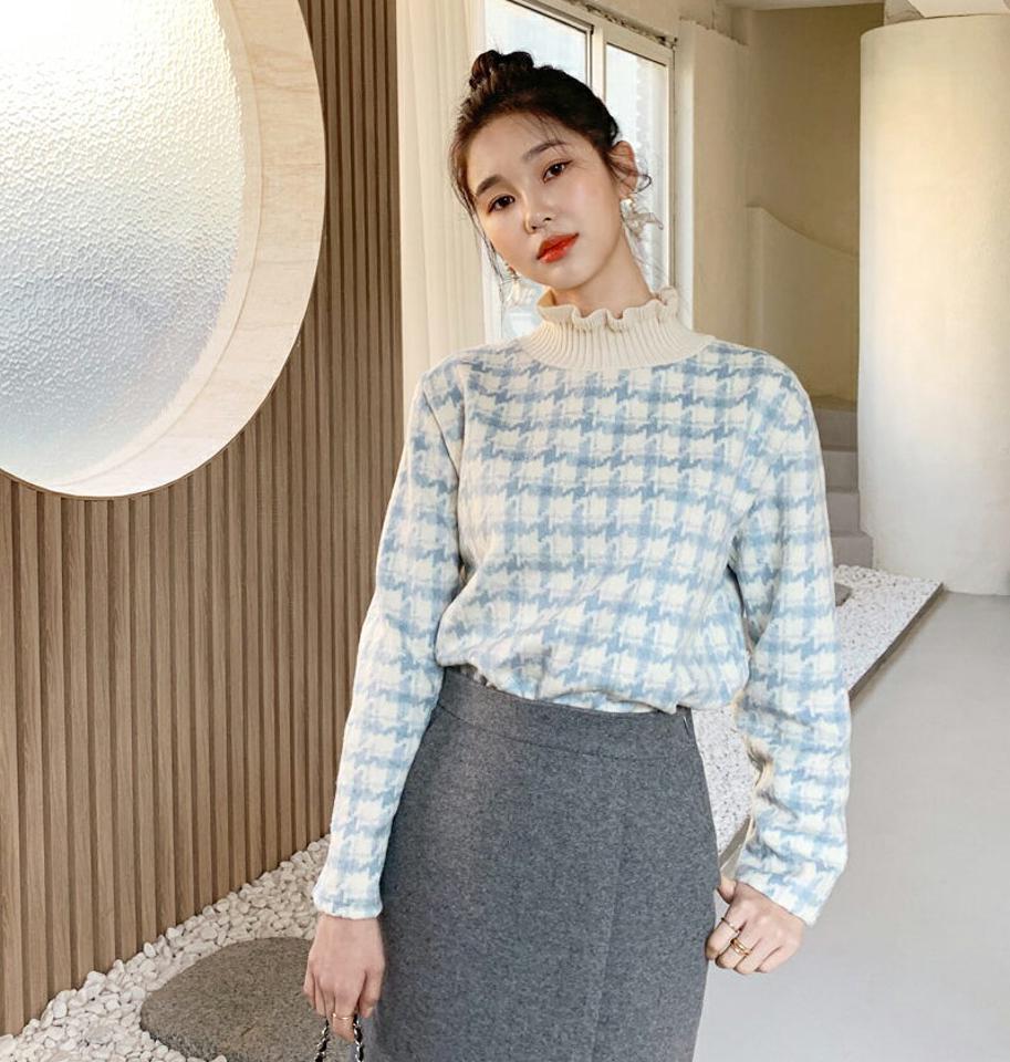 ハウンドトゥースTシャツ・全3色・t62222 レディース 【tops】韓国ファッション トップス Tシャツ カットソー ハーフネック モックネック 長袖 コントラスト パターン 柄 チェック ユニーク カジュアル 秋 冬