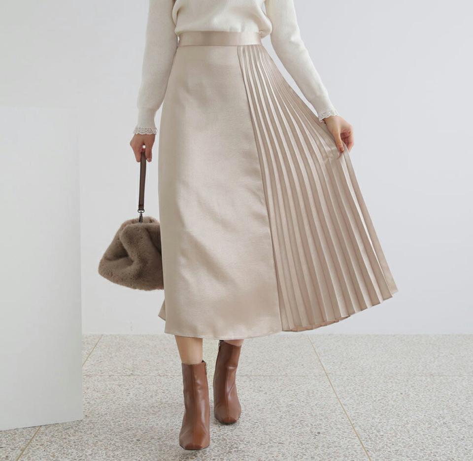 サテンサイドプリーツスカート・全3色・t65963 レディース 【sk】【スカート ロング ロングスカート プリーツ プリーツスカート サテン 単色 無地 シンプル 光沢 フレア フェミニン かわいい 秋 冬 韓国 ファッション】【ハイホリHIHOLLI】