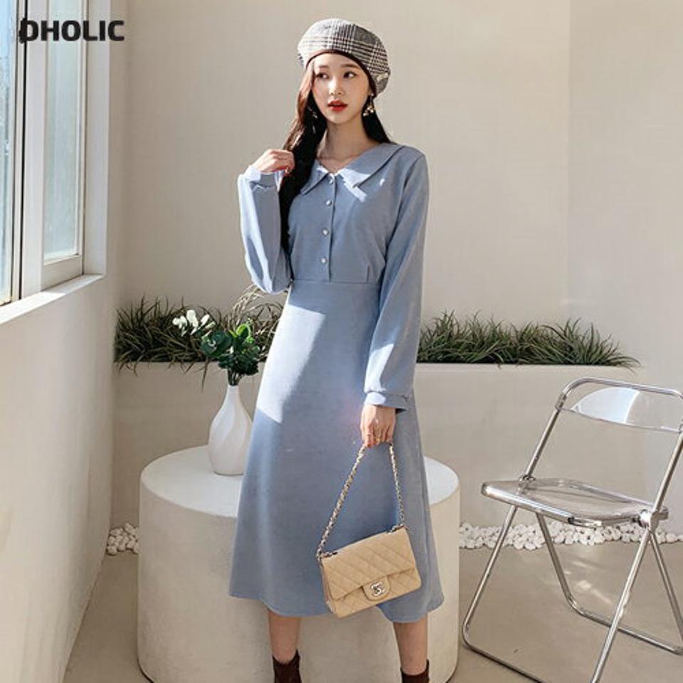 【特価】ボタンカラーワンピース・全4色・t62230 レディース 【ops】【韓国 ファッション ワンピース Vネック 襟 長袖 フレア Aライン 無地 ガーリー ミモレ丈 カジュアル 秋 冬】