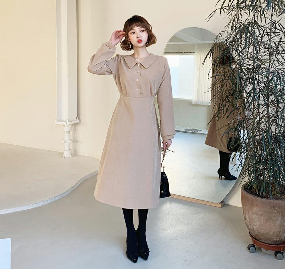 【特価】ボタンカラーワンピース・全4色・t62230 レディース 【ops】【韓国 ファッション ワンピース Vネック 襟 長袖 フレア Aライン 無地 ガーリー ミモレ丈 カジュアル 秋 冬】