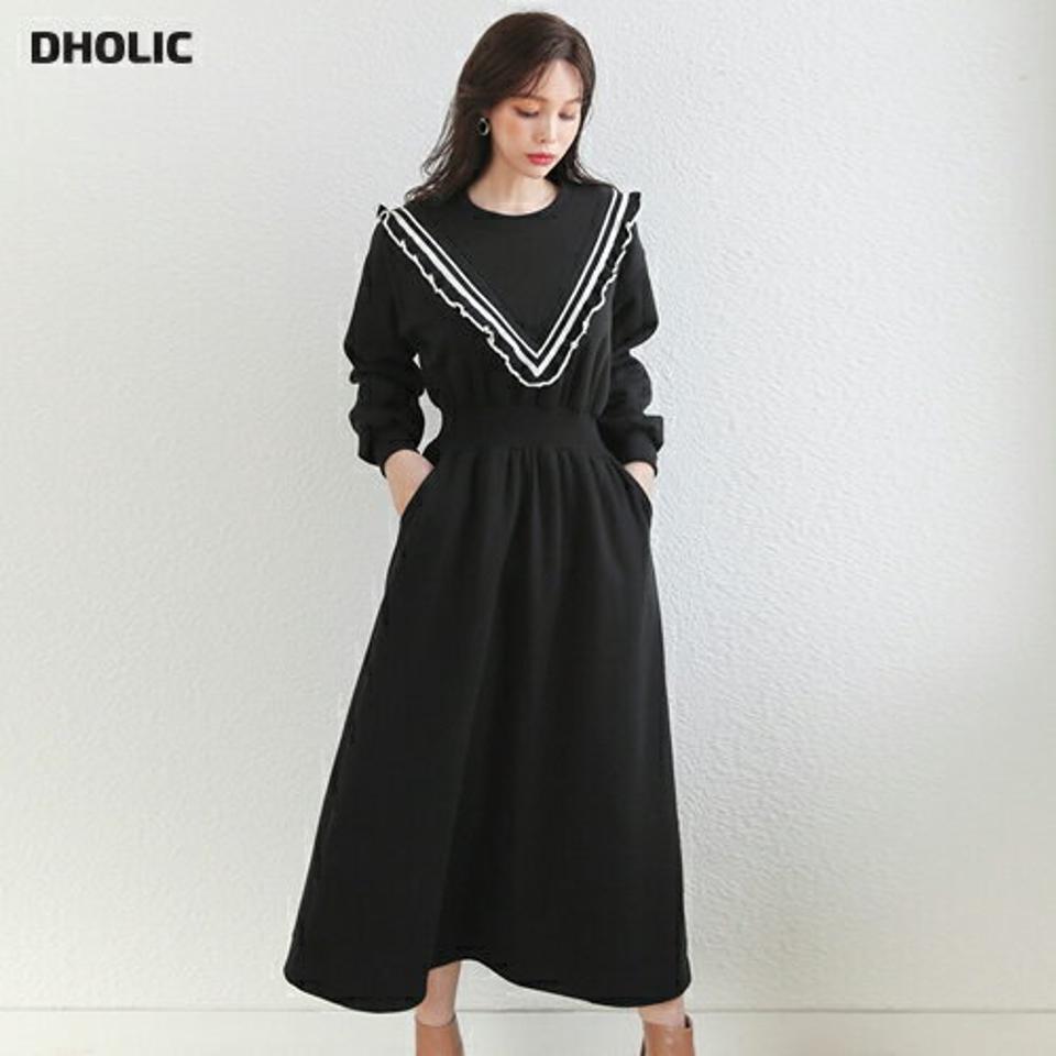 裏起毛配色フリルワンピース・全3色・b65954 レディース 【ops】【ワンピース ロング丈 ロングワンピース 長袖 フリル 配色 裏起毛 可愛い かわいい 大人ガーリー 冬 韓国 ファッション】【ハイホリHIHOLLI】