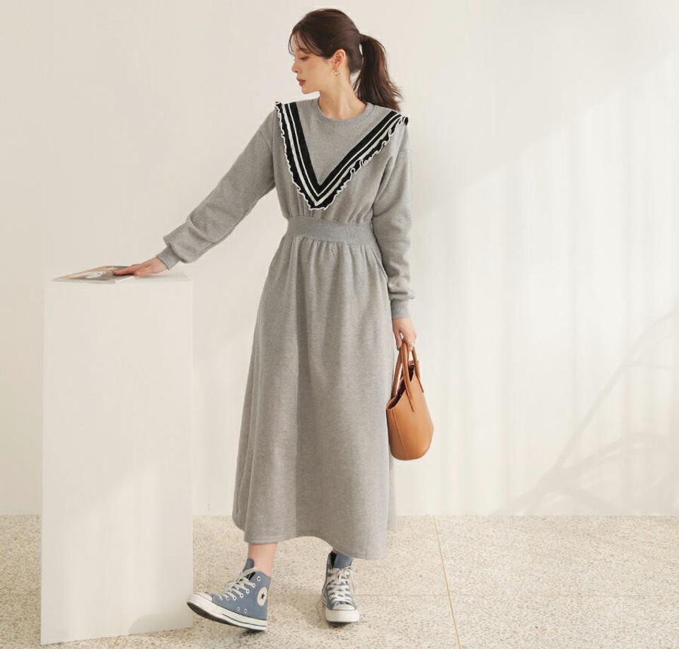 裏起毛配色フリルワンピース・全3色・b65954 レディース 【ops】【ワンピース ロング丈 ロングワンピース 長袖 フリル 配色 裏起毛 可愛い かわいい 大人ガーリー 冬 韓国 ファッション】【ハイホリHIHOLLI】