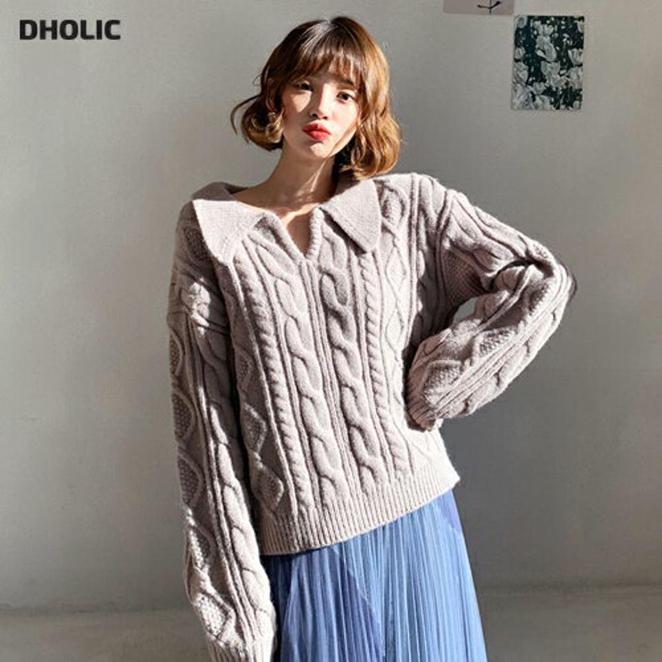 【全品10%OFF】ツイストカラーニット・全3色・e62225 レディース 【tops】【韓国 ファッション トップス ニット カラー 襟 スキッパー キーネック デコルテ 長袖 ロングスリーブ ケーブルニット アラン編み カジュアル 秋 冬】
