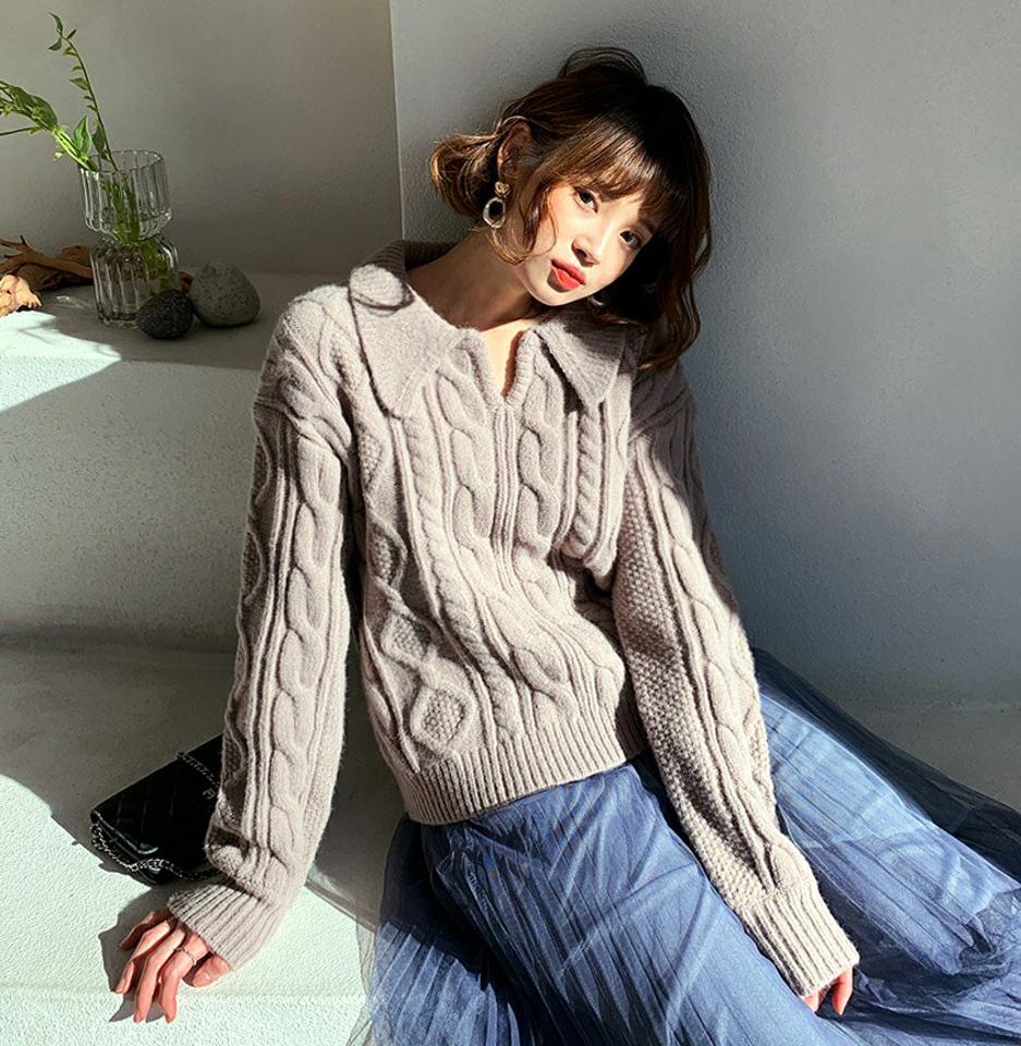【全品10%OFF】ツイストカラーニット・全3色・e62225 レディース 【tops】【韓国 ファッション トップス ニット カラー 襟 スキッパー キーネック デコルテ 長袖 ロングスリーブ ケーブルニット アラン編み カジュアル 秋 冬】