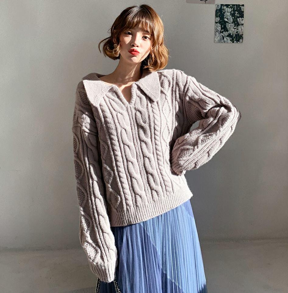 【全品10%OFF】ツイストカラーニット・全3色・e62225 レディース 【tops】【韓国 ファッション トップス ニット カラー 襟 スキッパー キーネック デコルテ 長袖 ロングスリーブ ケーブルニット アラン編み カジュアル 秋 冬】