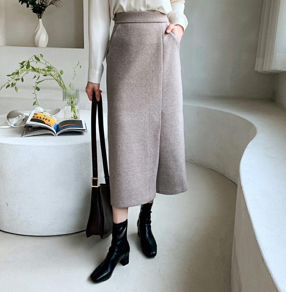 スリットラインスカート・全3色・t62240 レディース 【sk】【韓国 ファッション ボトムス スカート Hライン ロング ミモレスカート スリム 細身 無地 大人 上品 暖かい バックゴム サイドファスナー フロントスリット エレガント カジュアル 秋 冬】