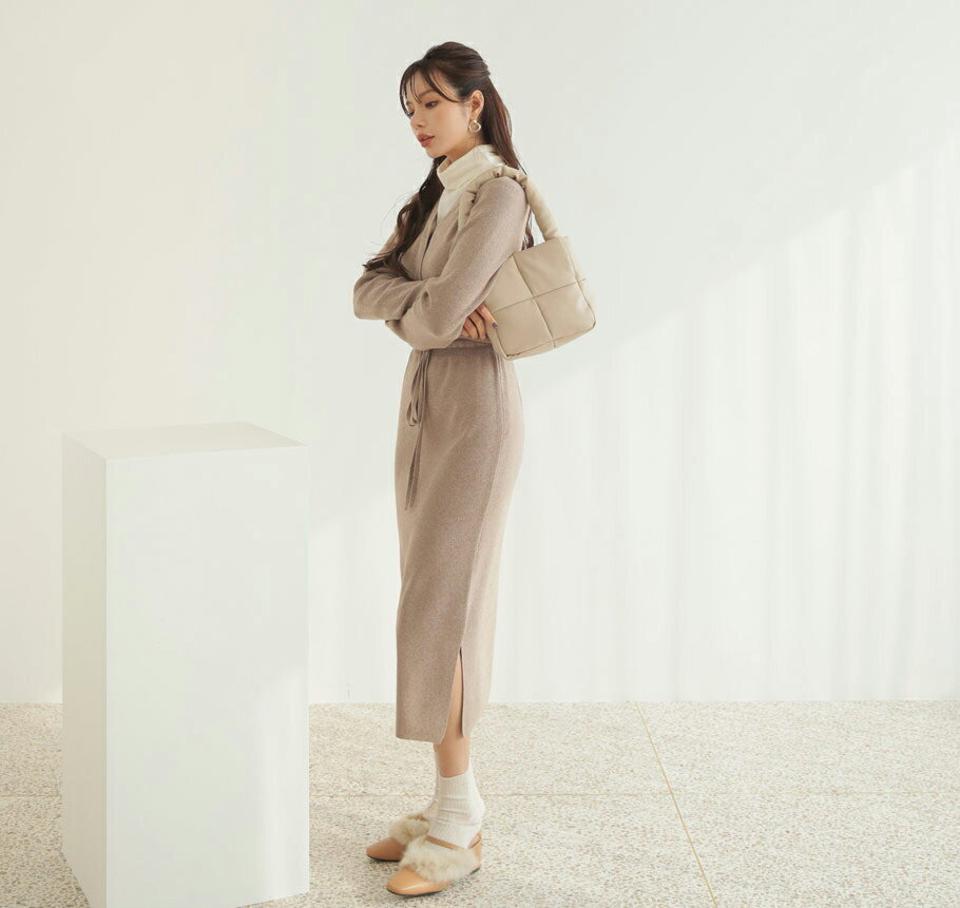 Vネックスリムワンピース・全4色・b65876 レディース 【ops】【ワンピース ロング ロングワンピース スリット スリム Vネック 長袖 単色 無地 シンプル カジュアル 大人 秋 冬 韓国 ファッション】【ハイホリHIHOLLI】