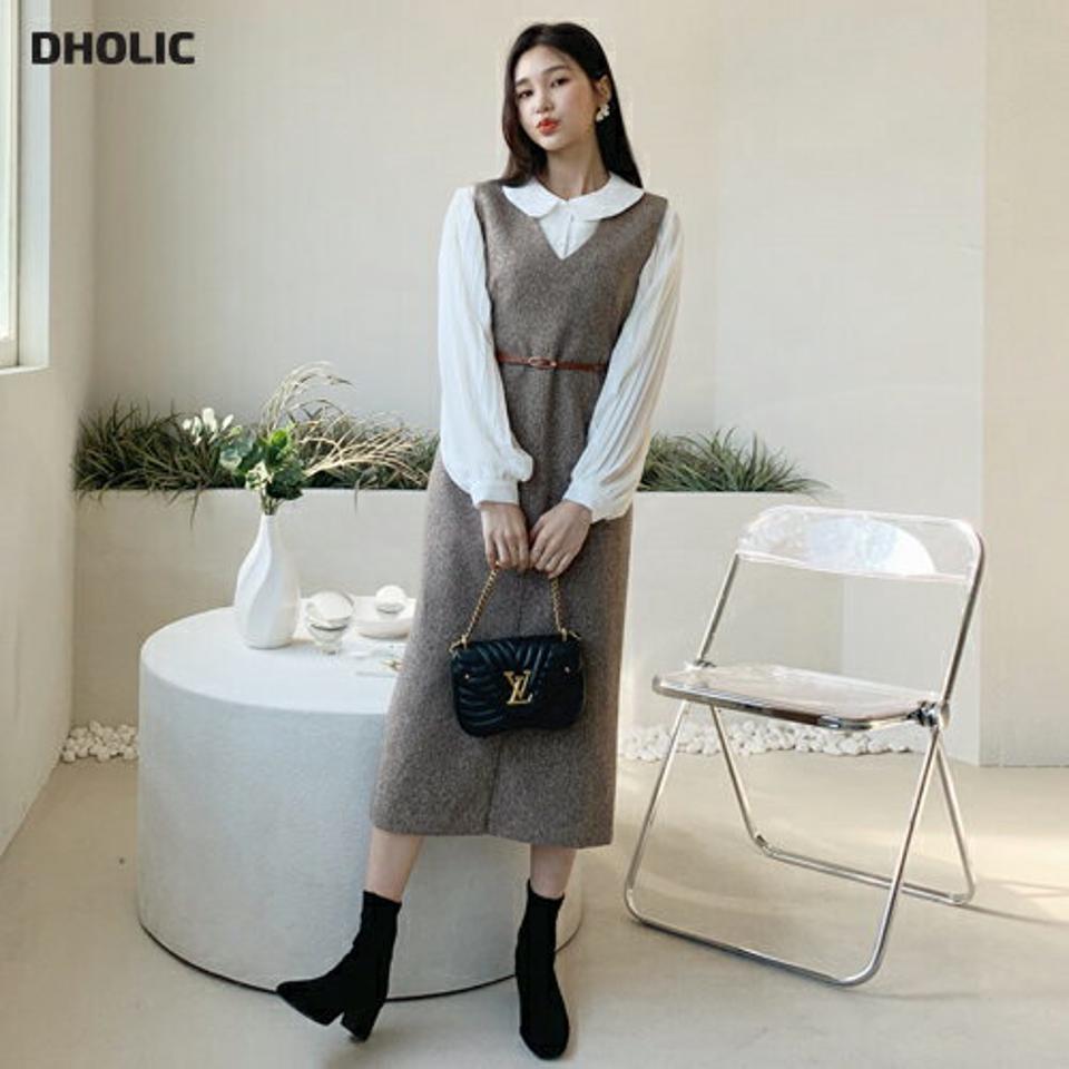 メランジVネックワンピース・全2色・b62227 レディース 【ops】【韓国 ファッション ワンピース ロング Hライン Vネック ノースリーブ スリーブレス 厚手 上品 大人 端正 カジュアル 秋 冬】