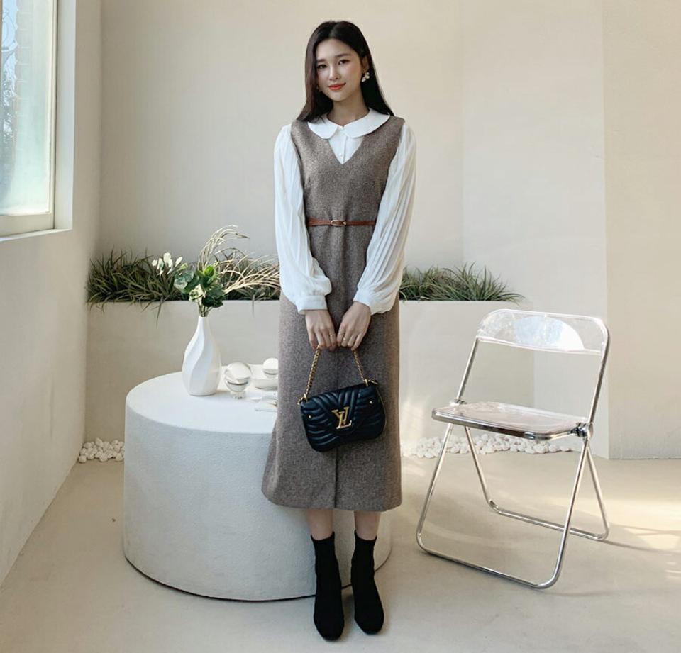 メランジVネックワンピース・全2色・b62227 レディース 【ops】【韓国 ファッション ワンピース ロング Hライン Vネック ノースリーブ スリーブレス 厚手 上品 大人 端正 カジュアル 秋 冬】