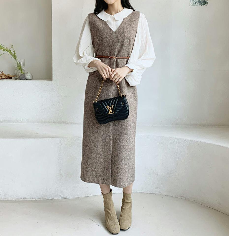 メランジVネックワンピース・全2色・b62227 レディース 【ops】【韓国 ファッション ワンピース ロング Hライン Vネック ノースリーブ スリーブレス 厚手 上品 大人 端正 カジュアル 秋 冬】