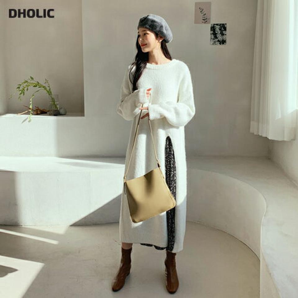 【只今10%OFF】スリットロングニット・全3色・t62231 レディース 【tops】【韓国 ファッション トップス ニット ロング ラウンドネック 長袖 ロングスリーブ フロントスリット アシメ アンバランス ロングワンピース ユニーク ハイゲージ 無地 カジュアル 秋 冬】