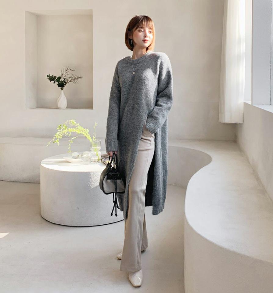 【只今10%OFF】スリットロングニット・全3色・t62231 レディース 【tops】【韓国 ファッション トップス ニット ロング ラウンドネック 長袖 ロングスリーブ フロントスリット アシメ アンバランス ロングワンピース ユニーク ハイゲージ 無地 カジュアル 秋 冬】