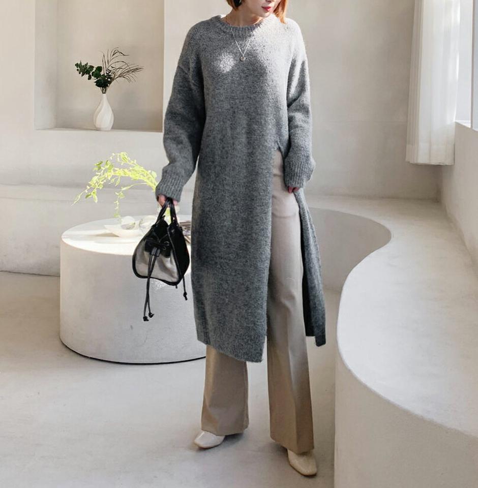 【只今10%OFF】スリットロングニット・全3色・t62231 レディース 【tops】【韓国 ファッション トップス ニット ロング ラウンドネック 長袖 ロングスリーブ フロントスリット アシメ アンバランス ロングワンピース ユニーク ハイゲージ 無地 カジュアル 秋 冬】
